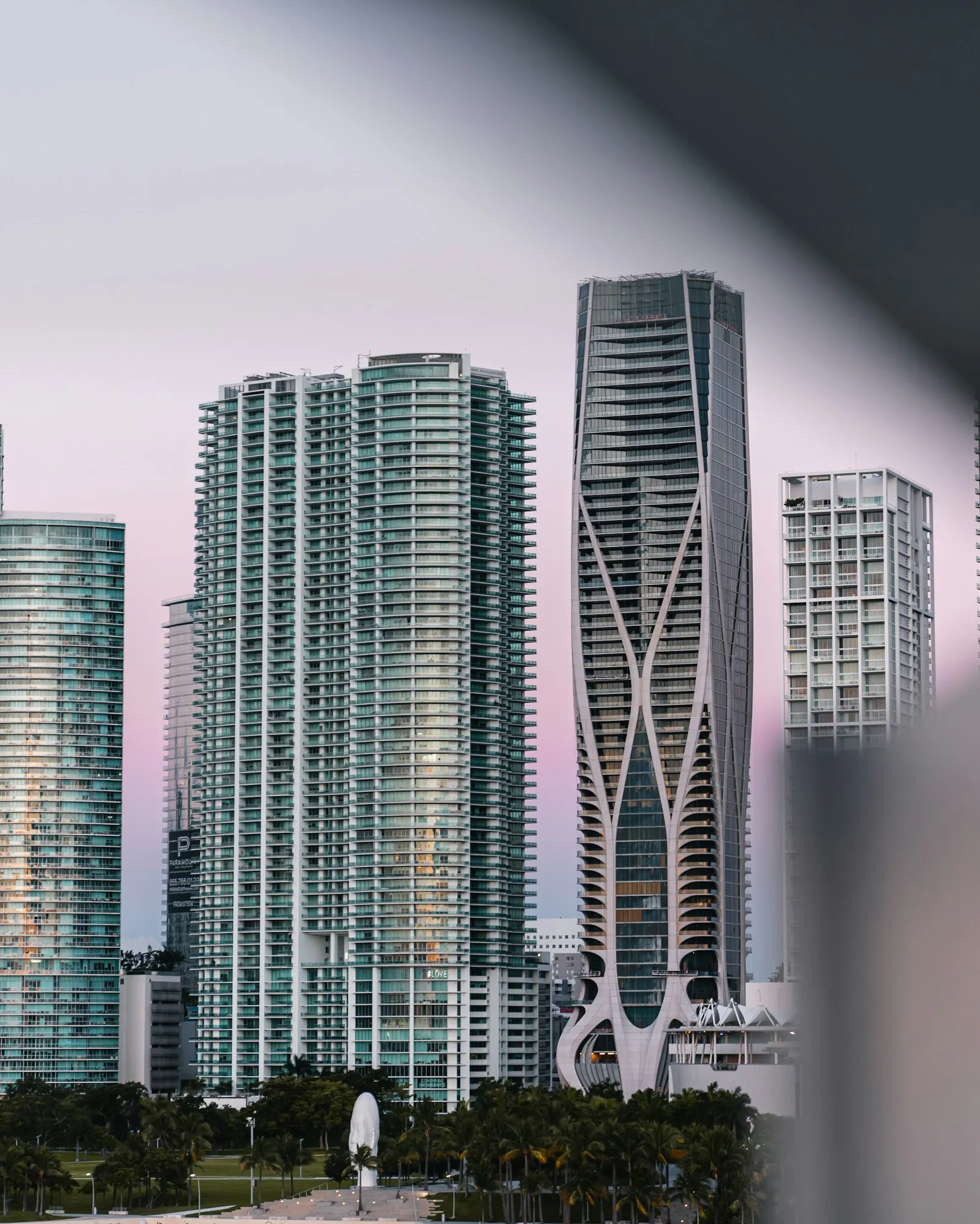 Modern residential towers at dusk