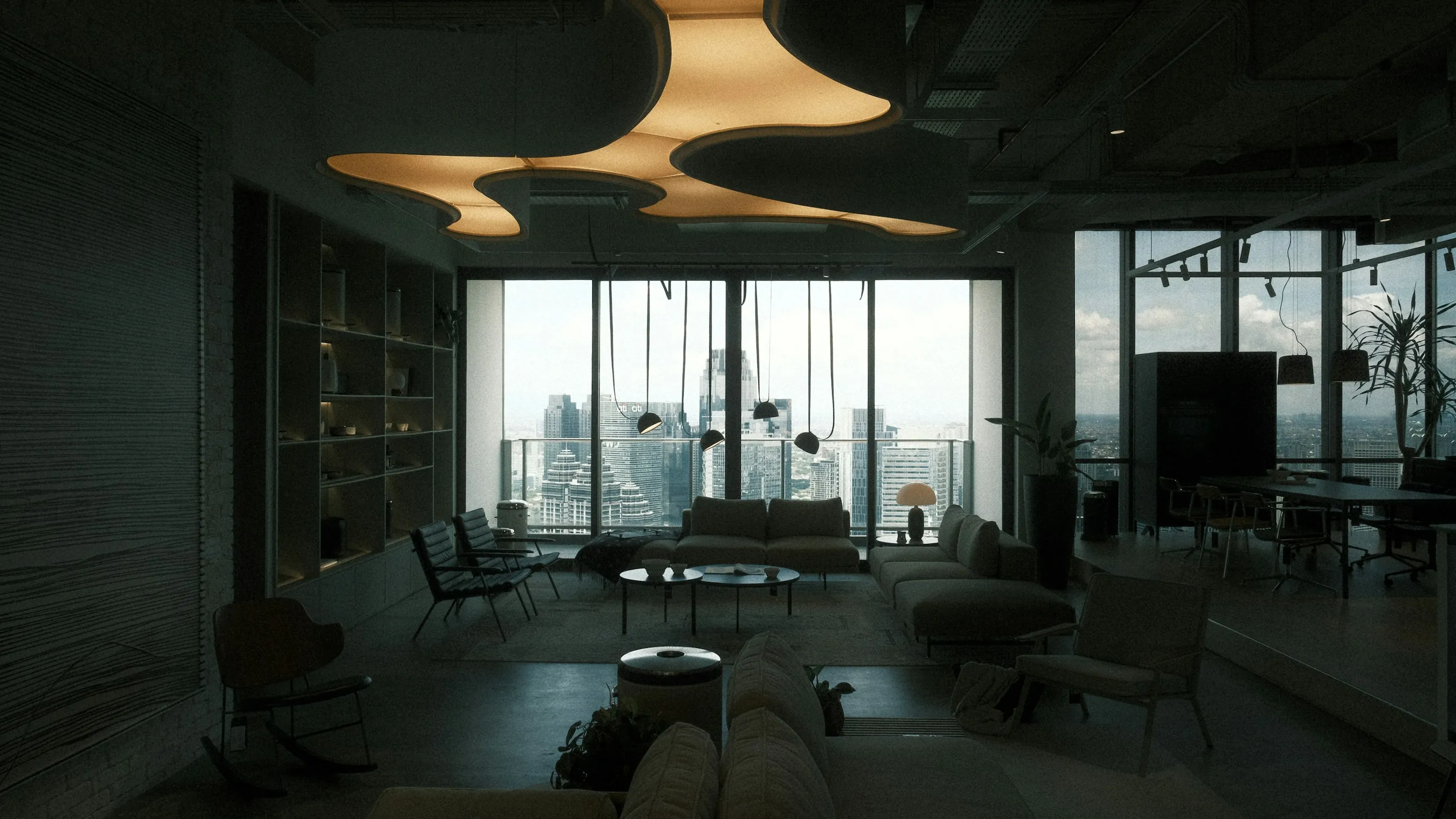 Dark, quiet lounge overlooking the city