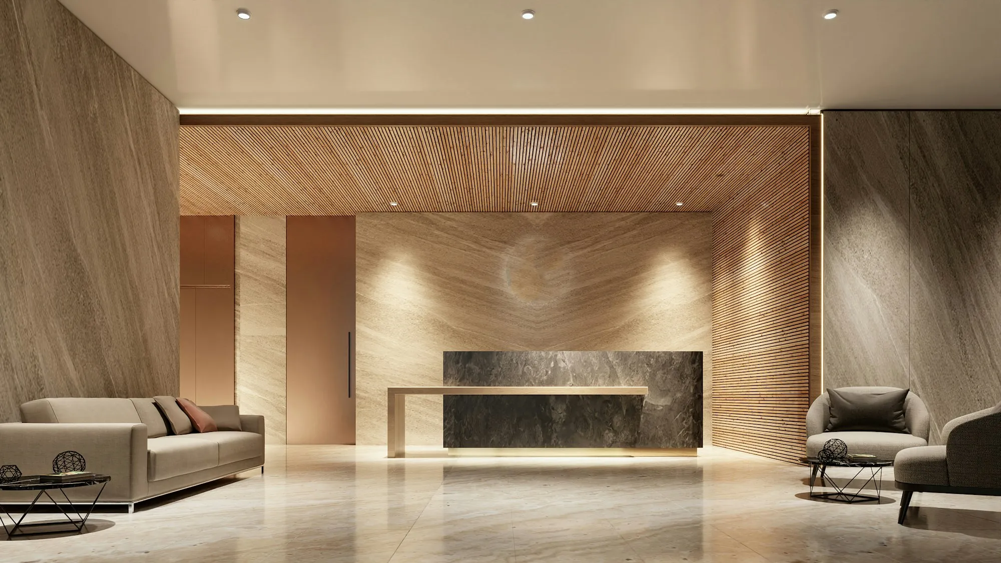 Quiet, warmly lit reception lobby